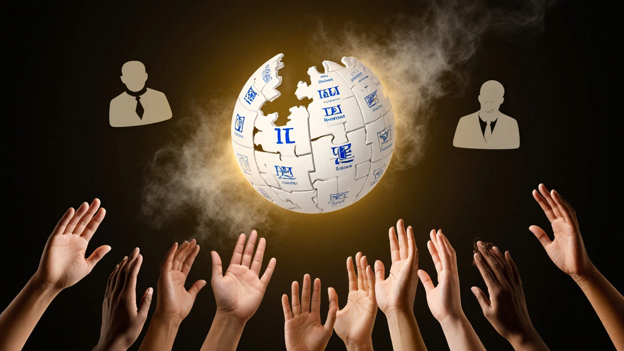 Diverse hands reaching toward a glowing Wikipedia logo as threats dissolve into smoke around them.