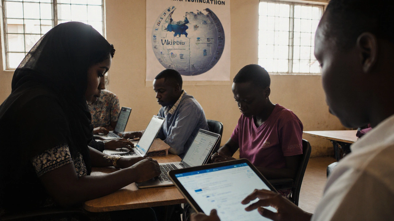 Diverse volunteers contributing to Wikipedia in Kenya using accessibility features like voice search and screen reader.