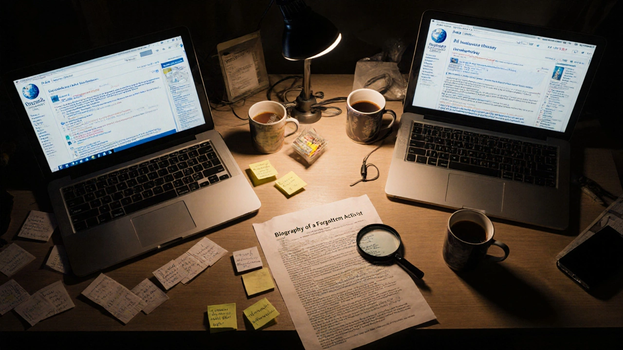 Editor&#039;s desk at night with Wikipedia pages, citations, and sticky notes under warm lamp light.