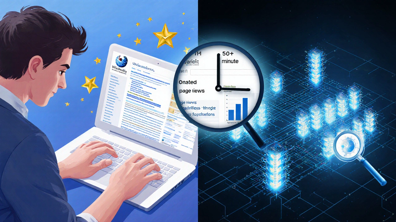 Editor making a Wikipedia edit while the search system indexes it across a distributed server network.