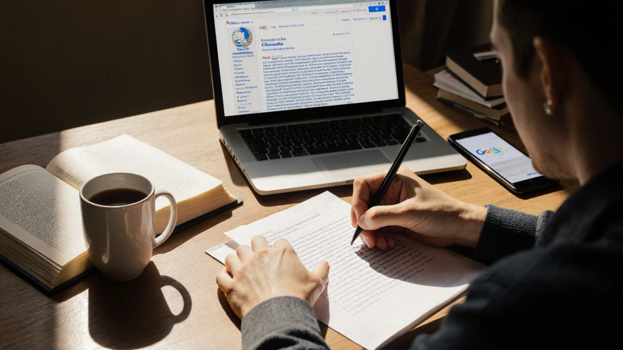 Editor rewriting Wikipedia content by hand, with a copied text snippet visible on a closed laptop.