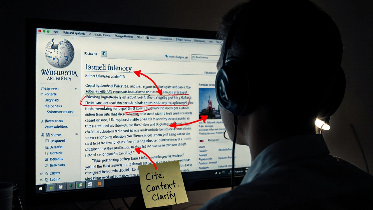 Editor working on a Wikipedia article under a lamp, with balanced citations and removed biased terms on screen.