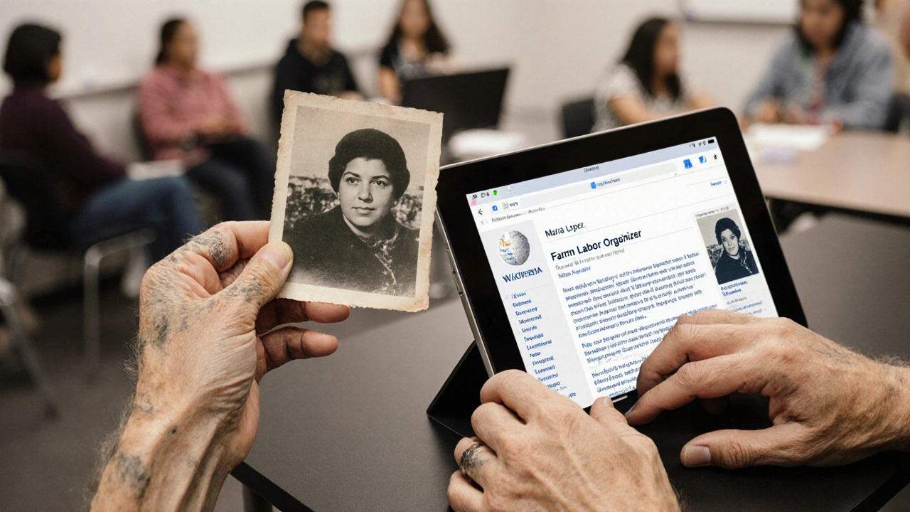 Elderly woman holding a photo as a young person edits a Wikipedia article about her grandmother&#039;s activism.