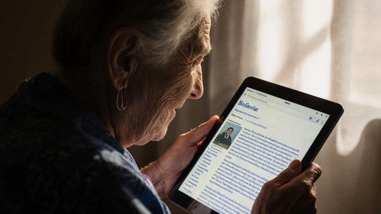 Elderly woman in Bolivia reading a Wikipedia article about her ancestors in her native language.