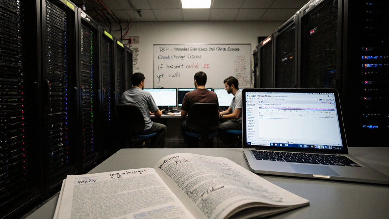 Engineers monitoring donated server hardware with a whiteboard showing disaster recovery test.