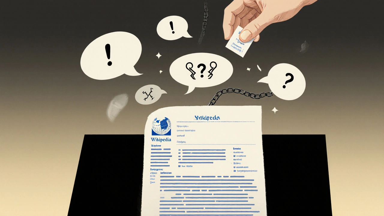 Floating warning icons above a silent Wikipedia article as a hand adds a citation source.