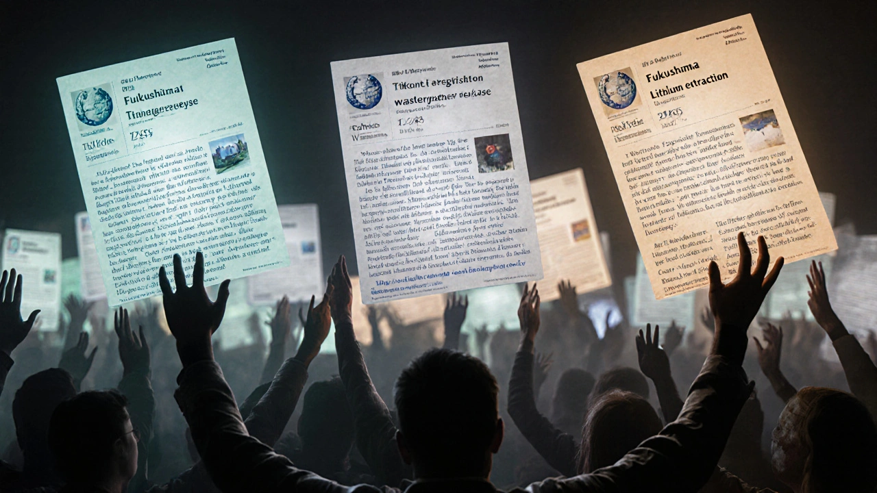 Floating Wikipedia article cards glowing softly, with shadowy figures reaching to read them.
