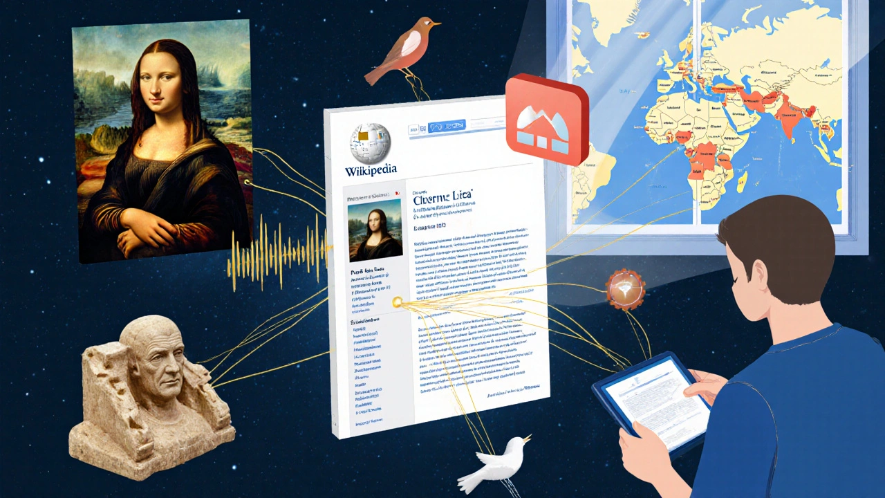 Free media files like images and audio floating around a Wikipedia article, illuminated by sunlight.