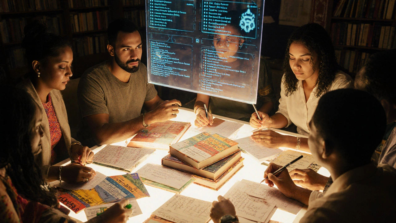 Global editors collaborate around multilingual archives, overriding biased AI suggestions with human insight.