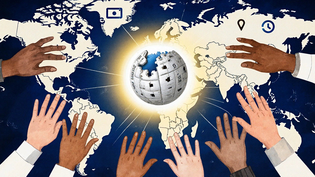 Global hands reaching toward a Wikipedia logo, with some weakened by digital barriers, while bots assist nearby.