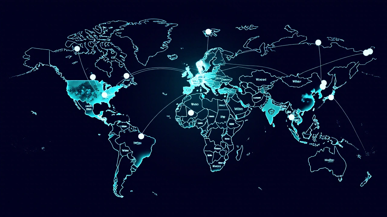 Global network of WikiProjects connected by glowing threads, one node reaching Featured Article status.
