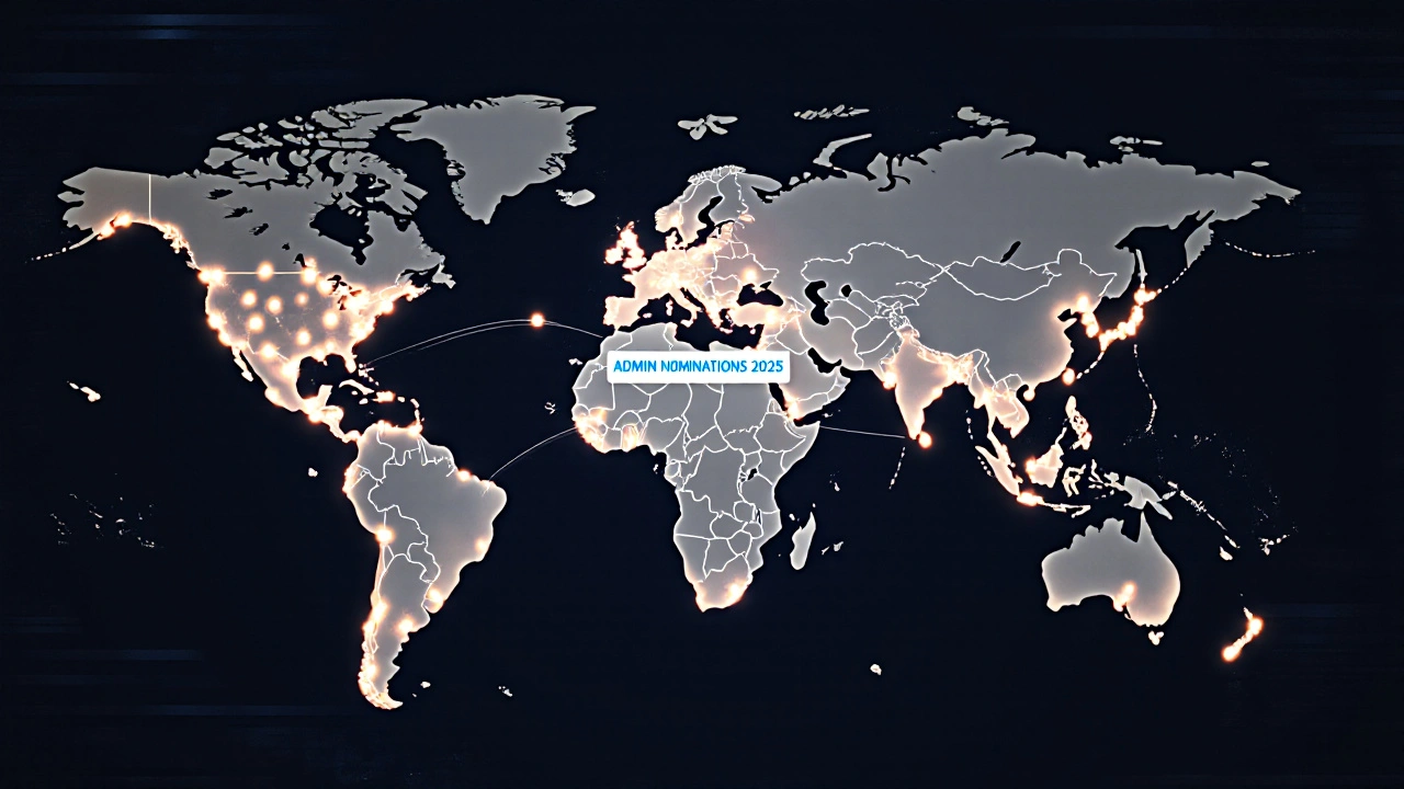 Globe with glowing editor nodes from diverse regions connected to a central nomination hub.