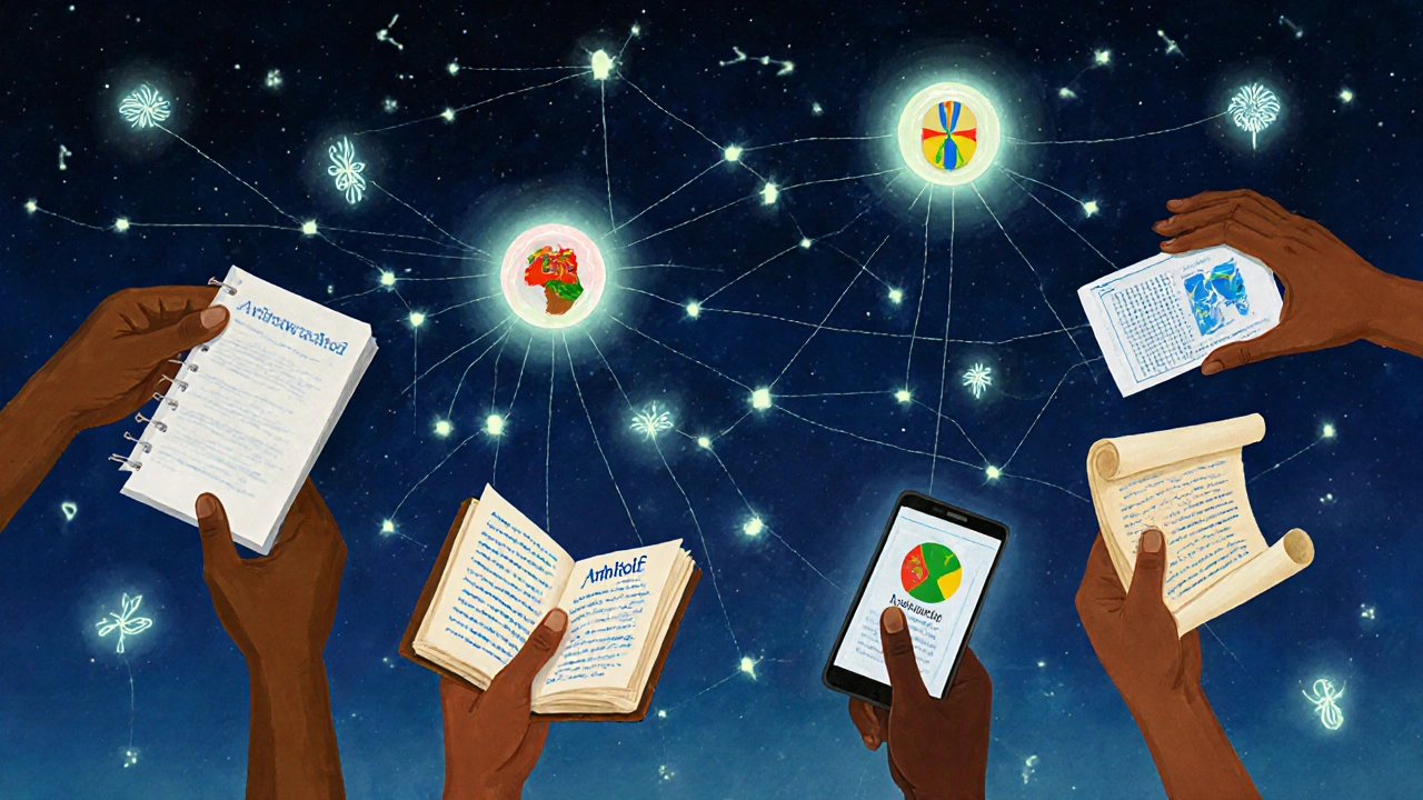 Glowing digital connections link hands across Africa, forming Wikipedia icons in African languages under a starry sky.