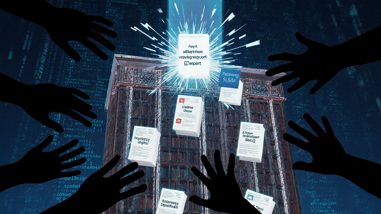 Glowing library of knowledge made of code resists black censorship hands, one shattered by transparency light.