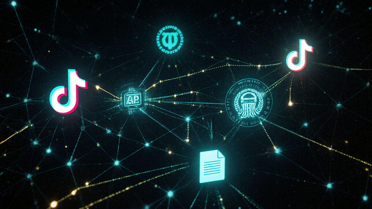 Glowing network of verified news sources connecting, with unverified social media link breaking away.