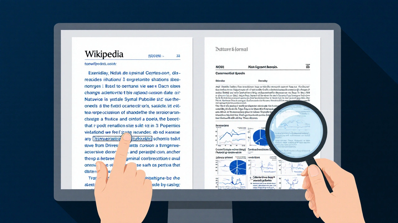 Hand clicking from a Wikipedia link to a scientific journal PDF on two screens.