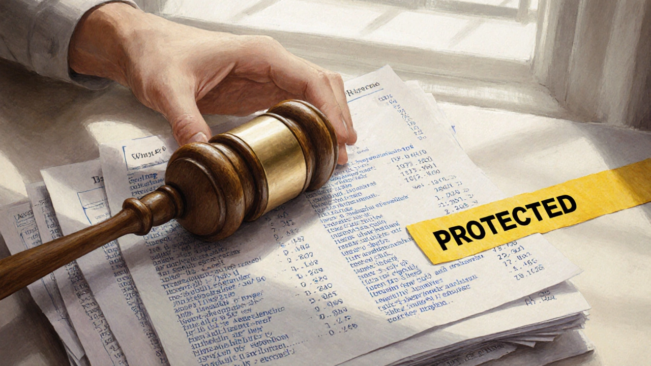 Hand holding a gavel over printed Wikipedia edit records and a protected page banner.