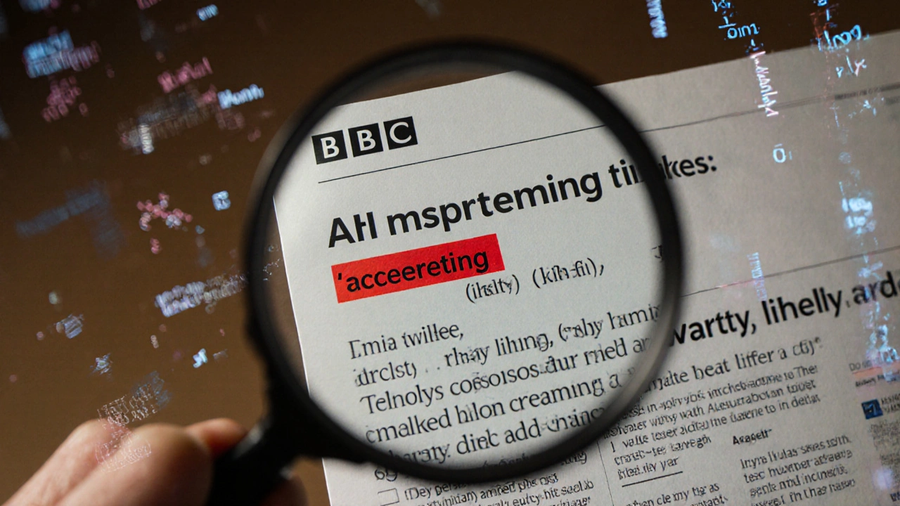 Hand using magnifying glass to examine misquoted climate text on a BBC article webpage.