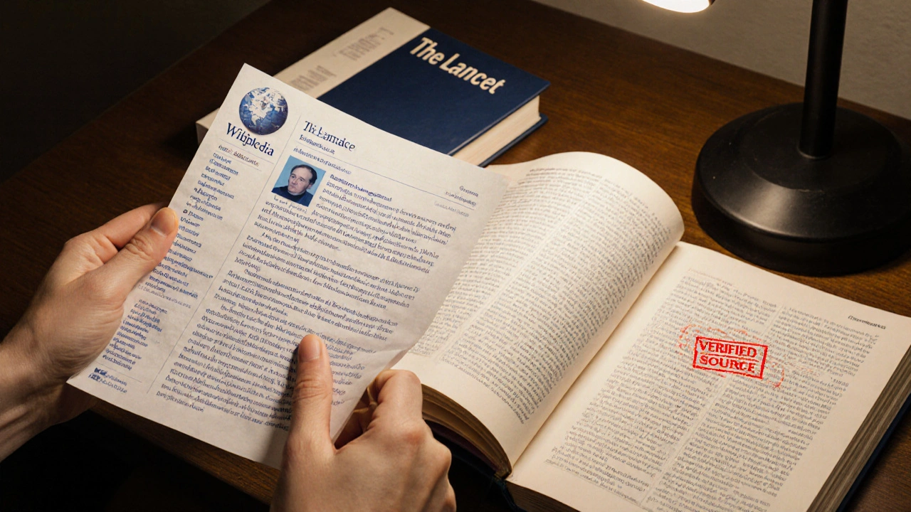Hands comparing a Wikipedia printout with a verified academic journal on a desk.