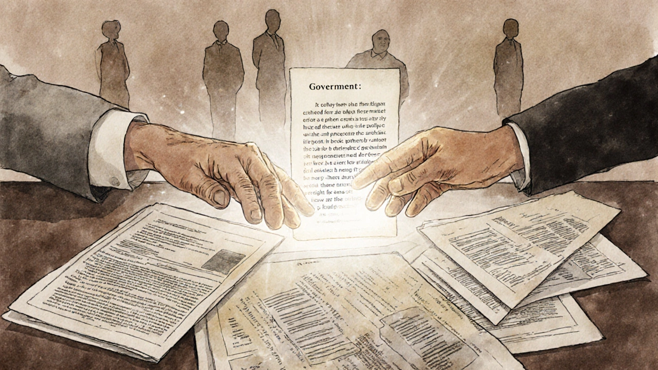 Hands exchanging sources as a neutral compromise text forms between them.