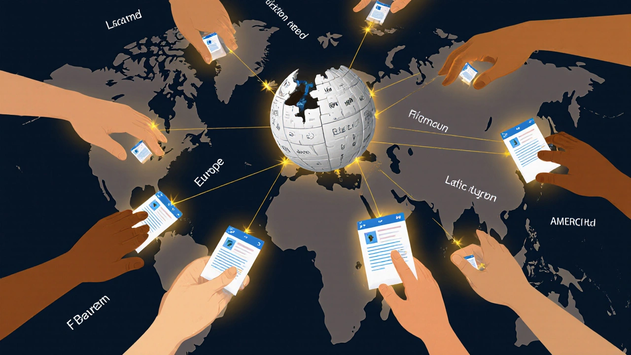Hands from around the world connect through a web of edit icons above a Wikipedia logo, symbolizing global collaboration.