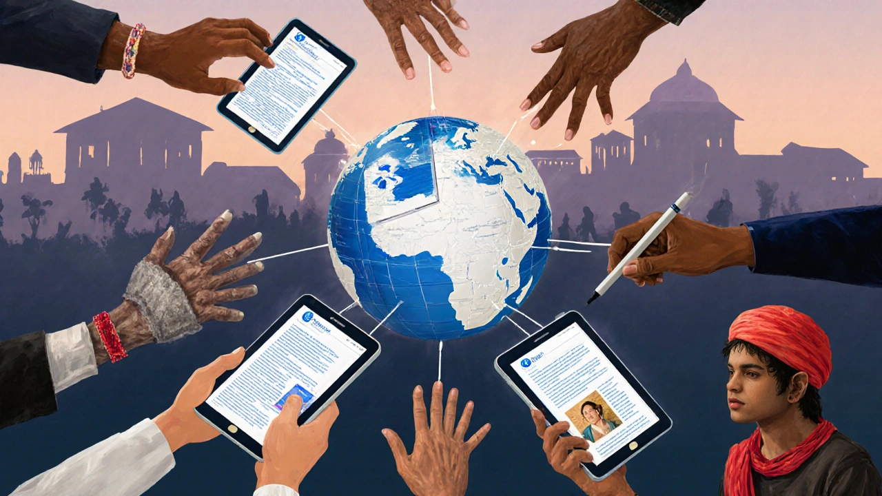 Hands from around the world contributing to Wikipedia, symbolizing inclusive knowledge sharing.