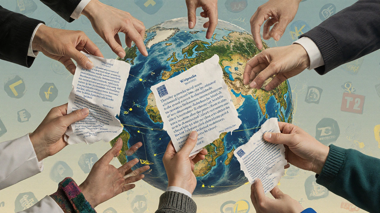 Hands from around the world holding fragments of Wikipedia edits, connected above a globe with blurred media logos in the background.