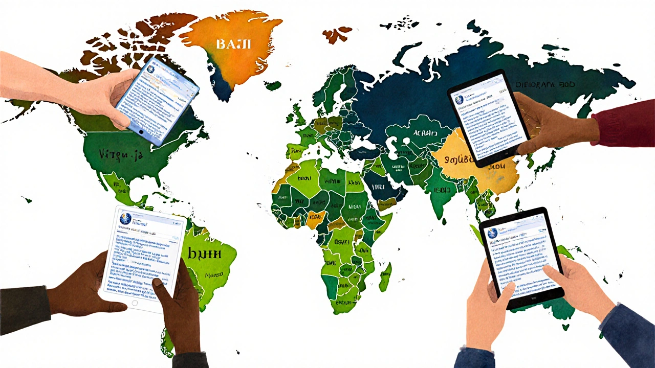 Hands from diverse global regions contributing to Wikipedia edits in their native languages.