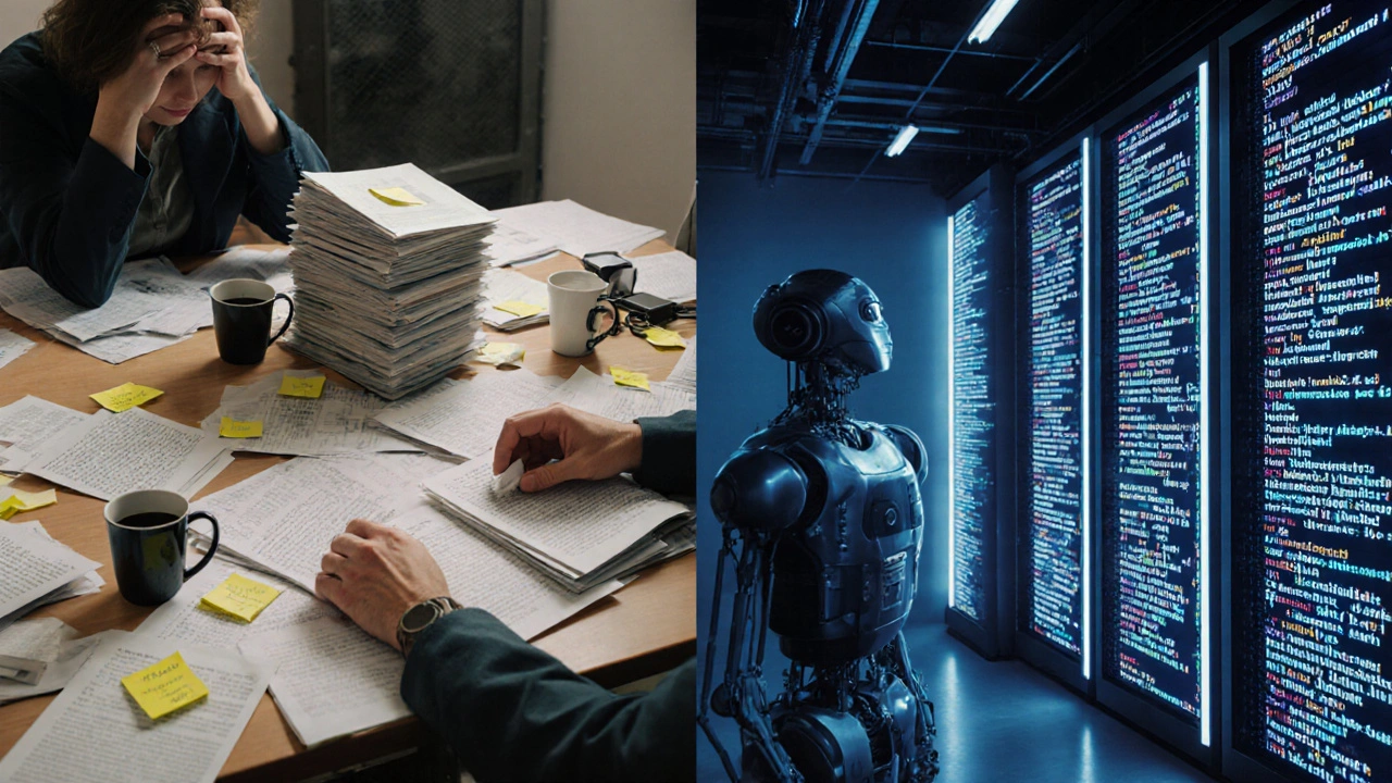 Human editors overwhelmed by paper vs. automated bots working efficiently in a glowing server room.