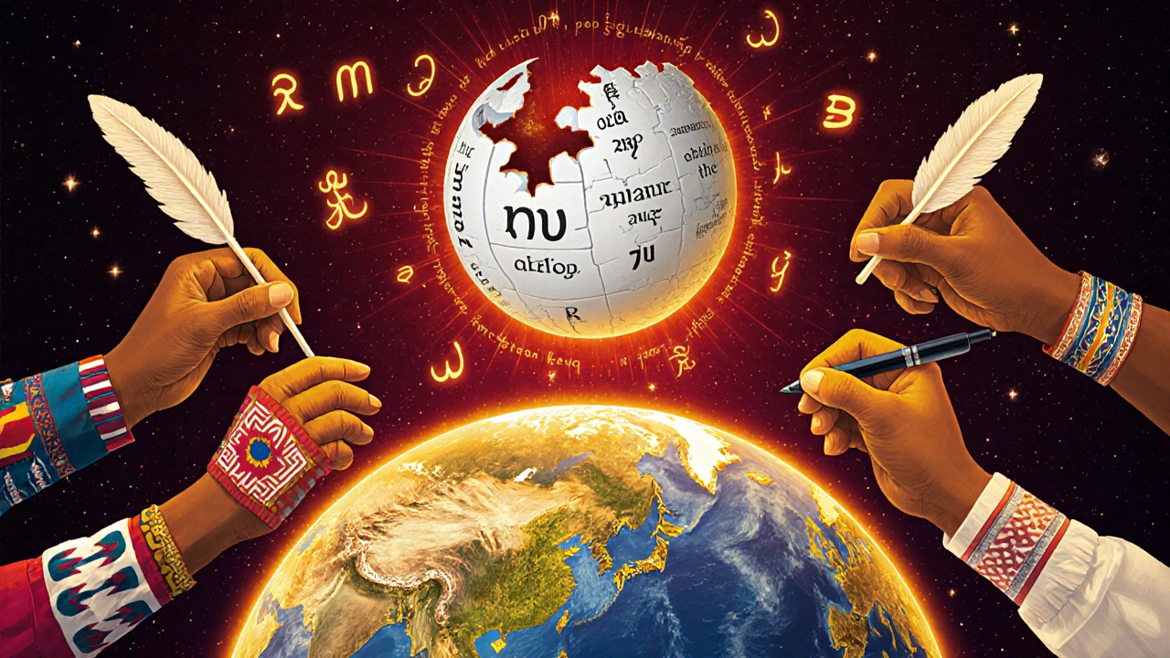 Indigenous hands from around the world writing glowing knowledge that forms the Wikipedia logo, surrounded by cultural symbols.