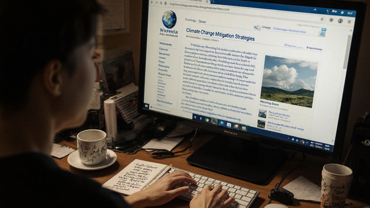 Journalist writing a story with a Wikipedia page on climate mitigation displayed prominently on their monitor.