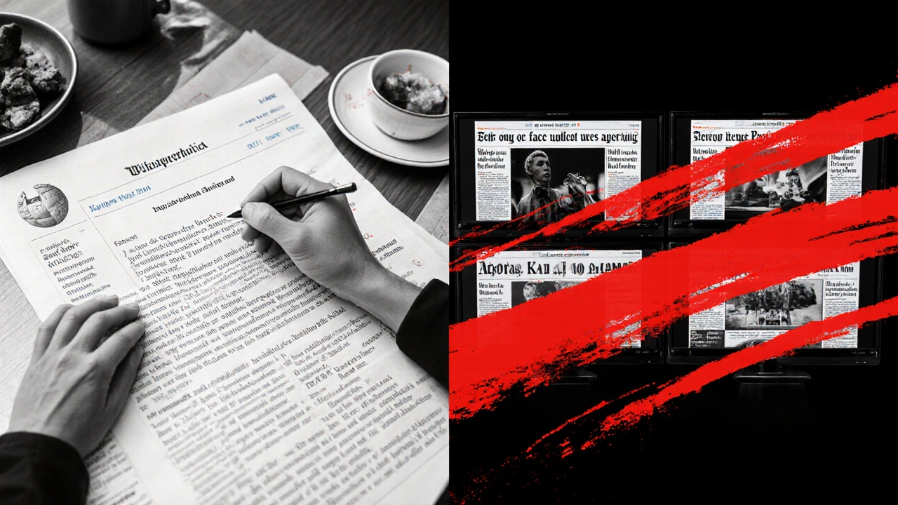 Left: anonymous edit to Wikipedia; right: false news spread across media outlets.