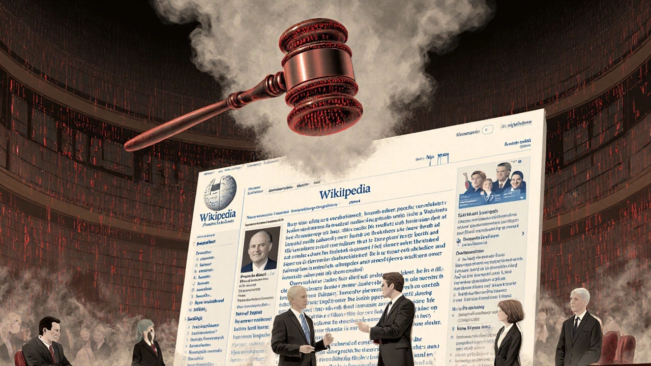 Legal figures argue over a floating Wikipedia page as text dissolves into smoke under a binary gavel.