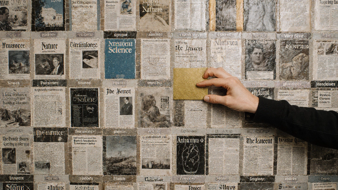 Mosaic wall of academic journal covers with a few faded clippings, one gold tile centered as the symbol of balanced representation.