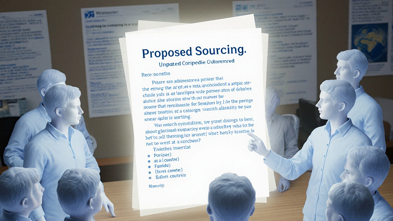 Multiple Wikipedia editors collaborating on a shared policy draft with glowing text and comments.