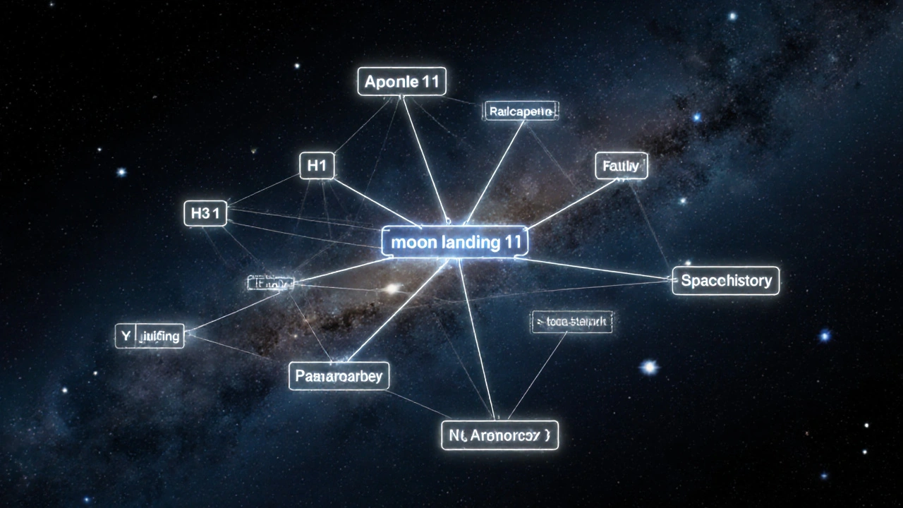 Network of Wikipedia articles connected by glowing links, with headings highlighted and infoboxes faded.