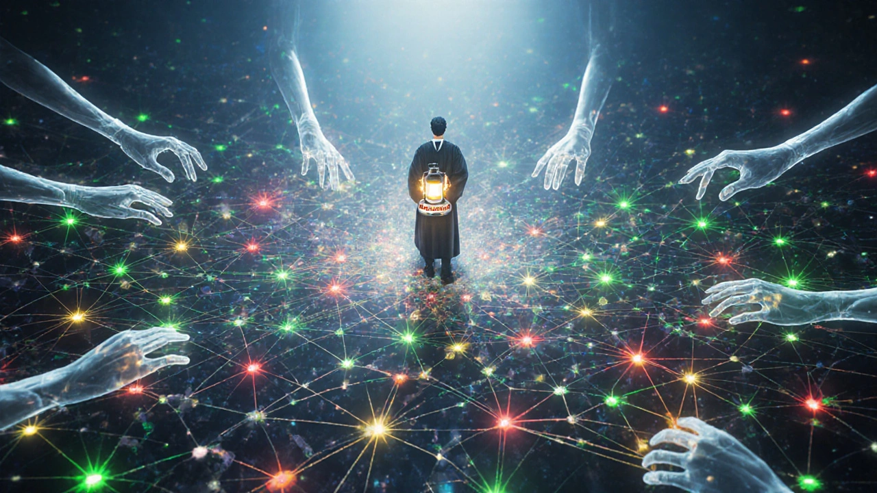 Network of Wikipedia articles glowing with color-coded signposts, volunteers repairing unreliable nodes with research light.