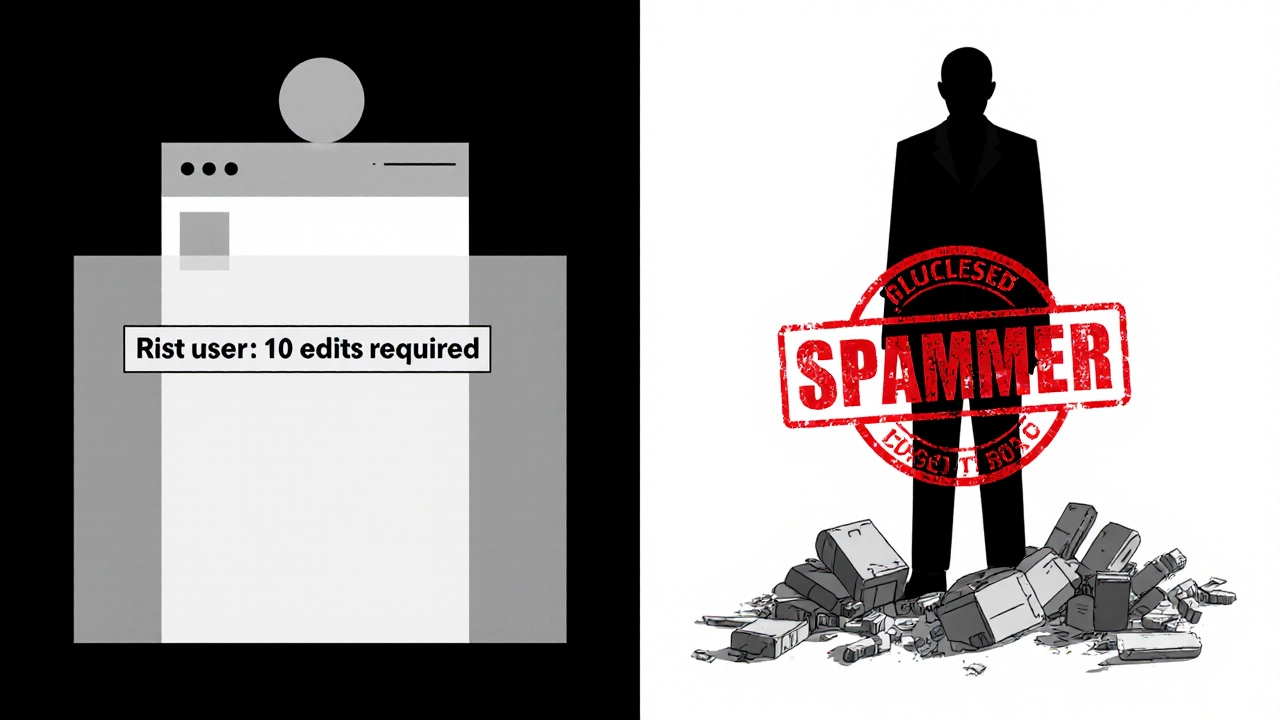 New user restrictions on left, permanent spammer ban on right in minimalist style.