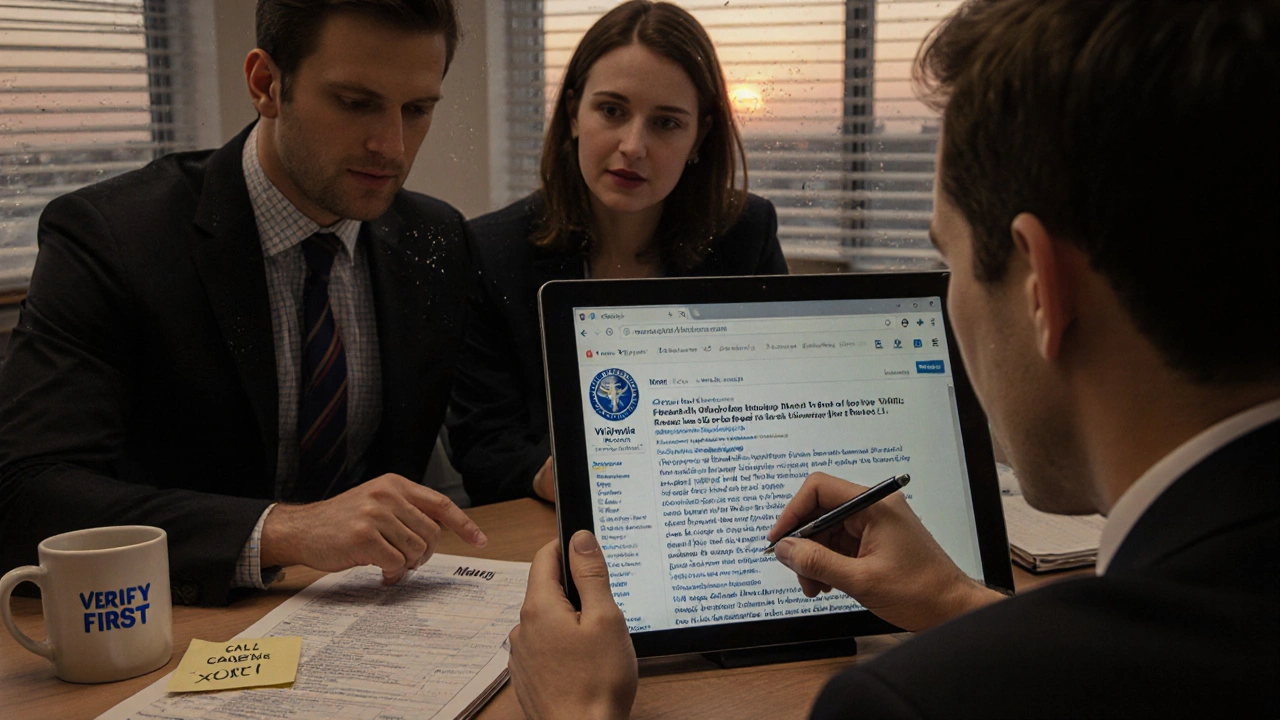 Newsroom scene with reporters comparing a Wikipedia entry to official government documents.