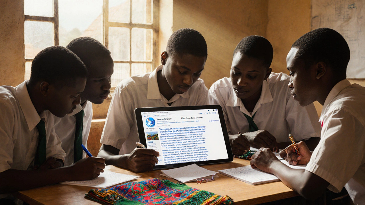 Nigerian students edit a Yoruba Wikipedia article in class, surrounded by cultural items and handwritten notes.