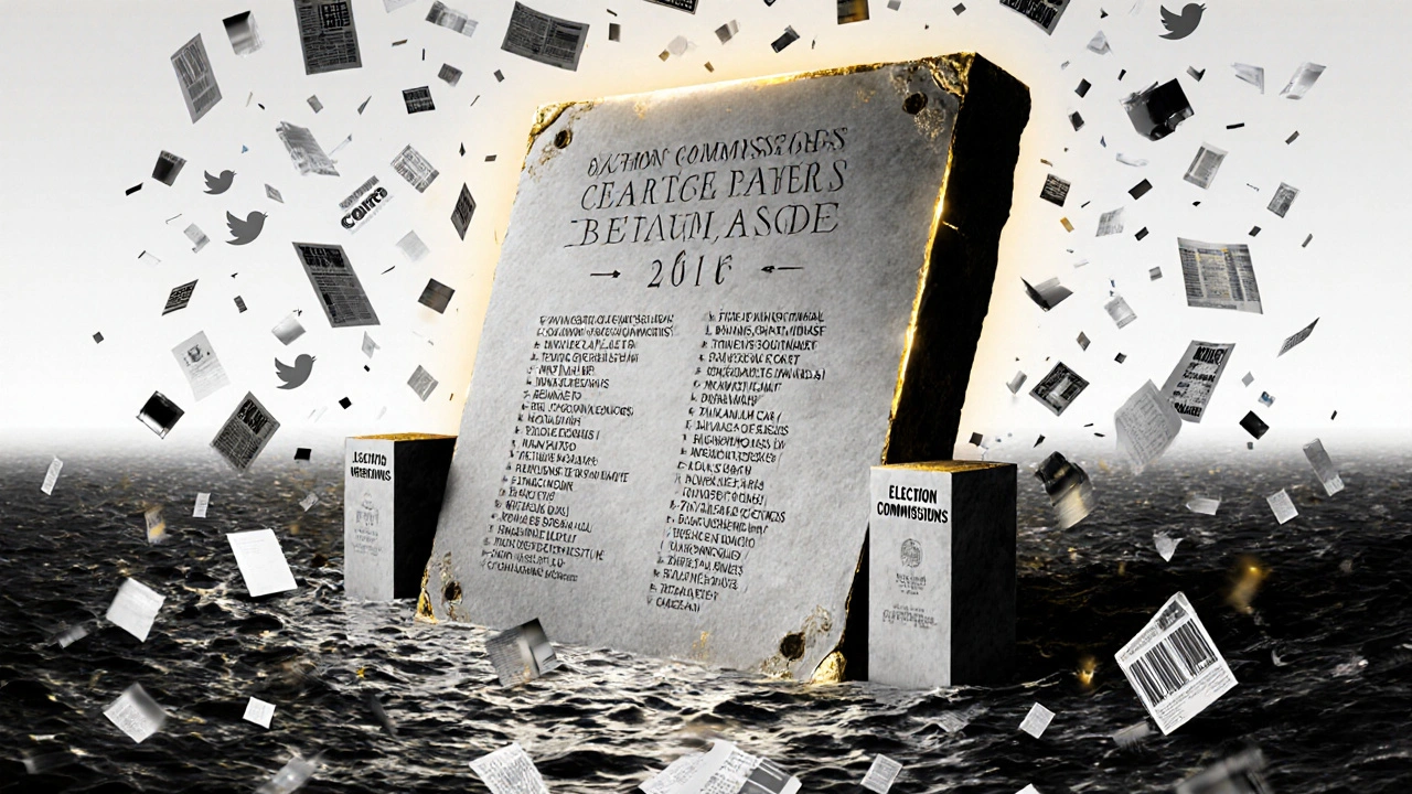 Official election results engraved on stone, standing firm against digital chaos.