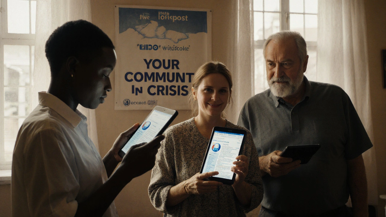 People from different countries accessing archived Wikipedia pages during an outage, symbolizing community resilience.