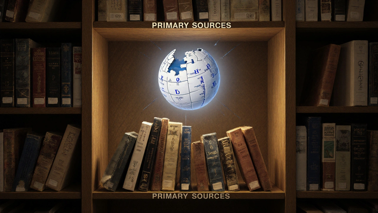 Physical books and documents reaching toward a faint Wikipedia icon in symbolic library scene.