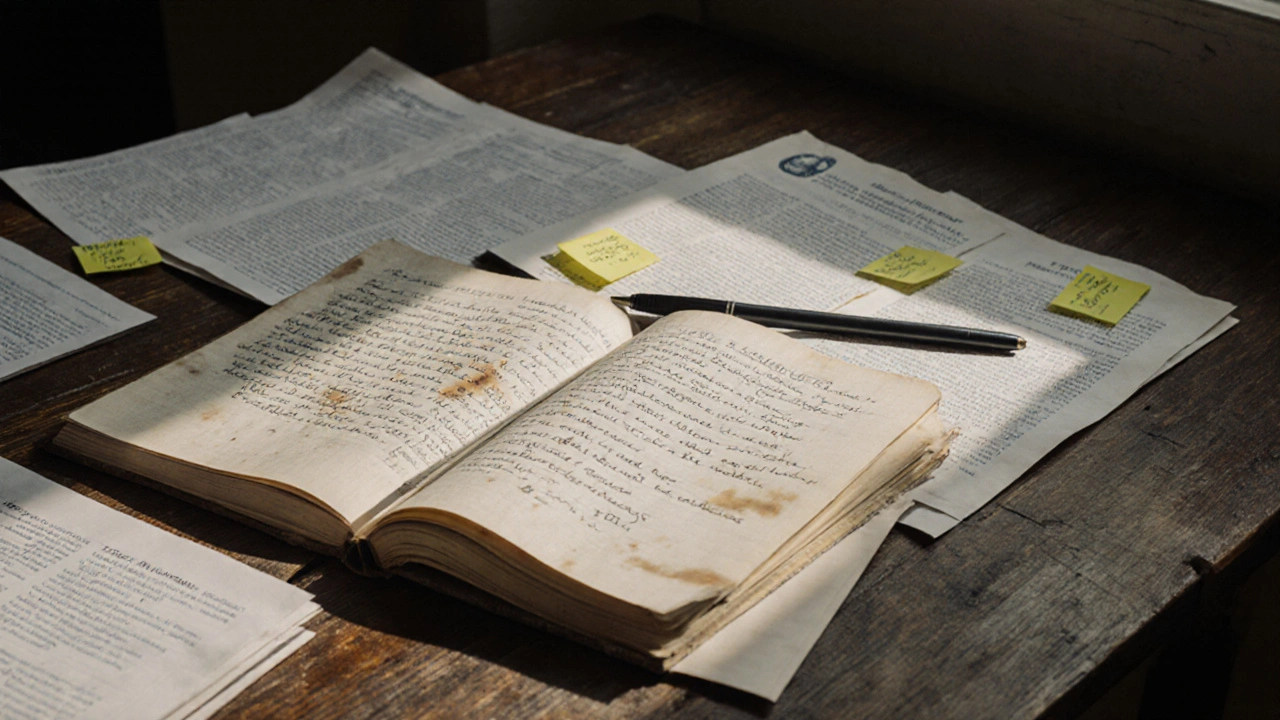 Printed Wikipedia policy drafts and notes spread on a wooden table, showing historical revisions.