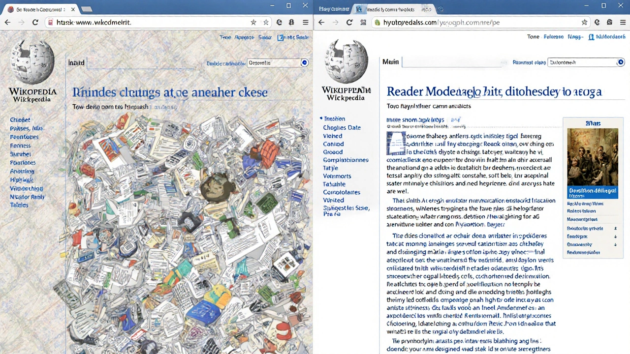Side-by-side comparison of a cluttered Wikipedia page and its simplified Reader Mode version.