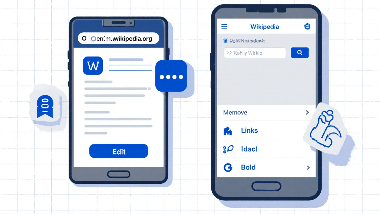 Side-by-side comparison of editing Wikipedia via mobile browser and official app interface.