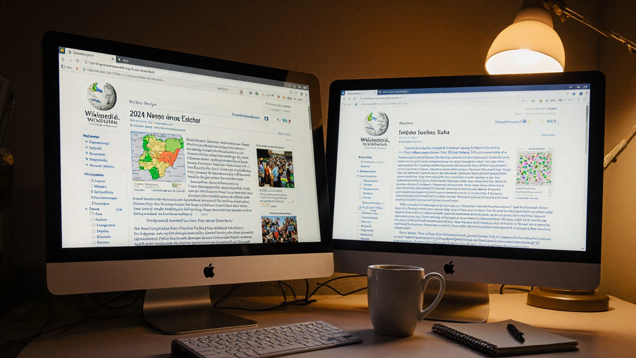 Side-by-side Wikipedia articles: detailed English version versus sparse Yoruba version on the same topic.