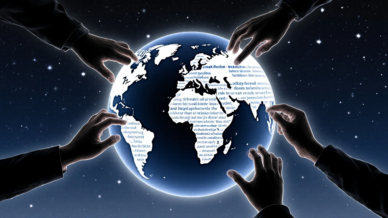 Silhouetted hands collaboratively editing a text-based globe representing global Wikipedia contributions.