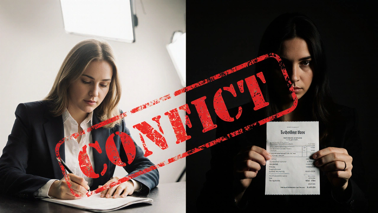 Split image of a journalist writing a story while secretly holding a payment receipt, representing hidden bias in reporting.