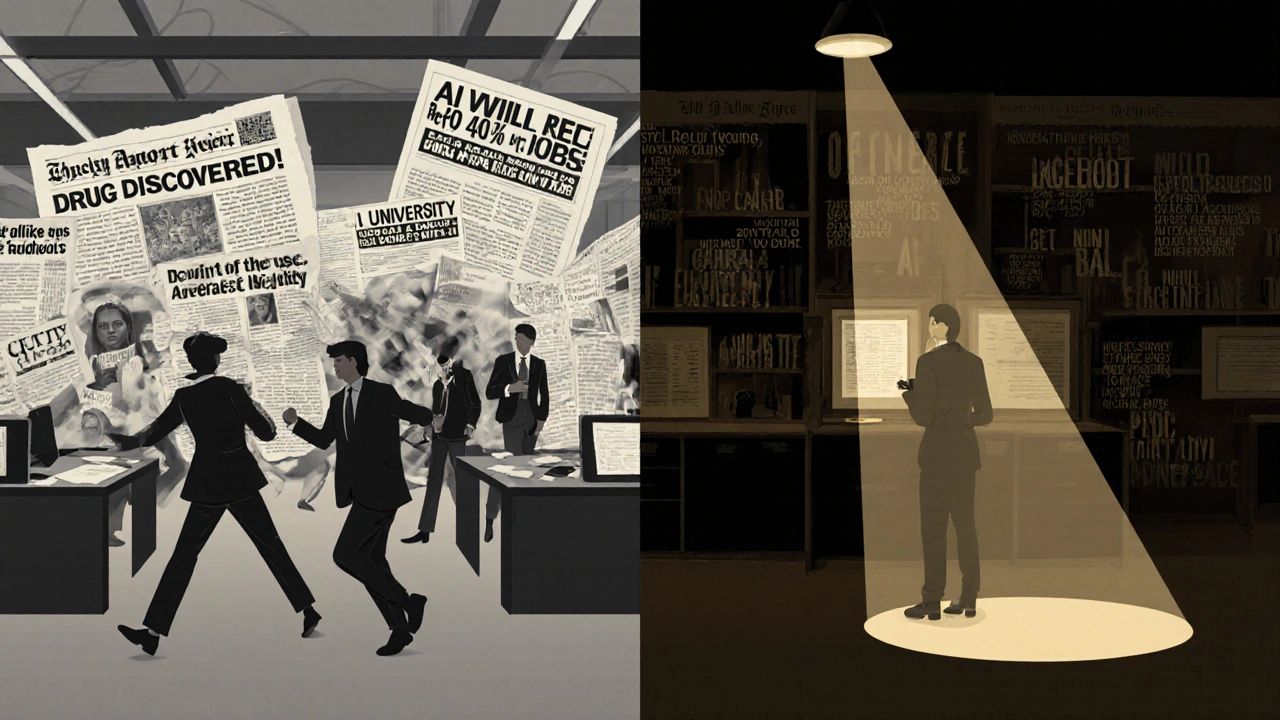 Split scene: chaotic newsroom versus calm library as citations are traced to original sources.